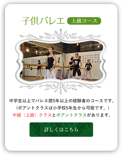 中学生以上でバレエ歴5年以上の経験者のコースです。(ポアントクラスは小学校5年生から可能です。)中級（上級）クラスとポアントクラスがあります。